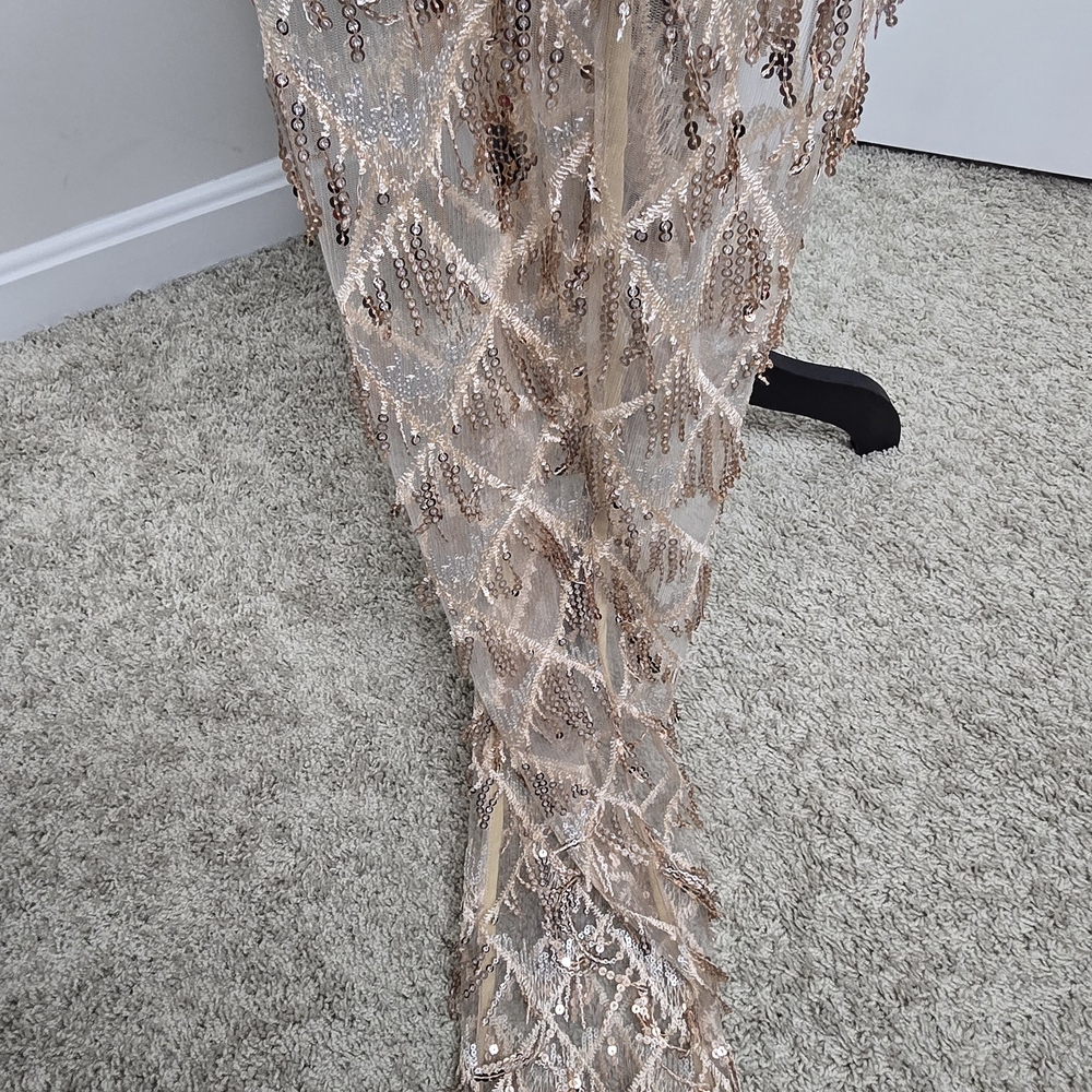 PrettyLittleThing Rose Gold Tassel Sequin Plunge Jumpsuit Sheer US 10 - Picture 6 of 8